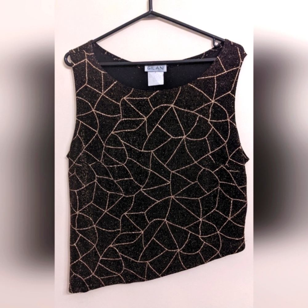 🫶🏼Vintage Gilani Black Stretch Asymmetrical Sleeveless Tank Gold Sparkle Top